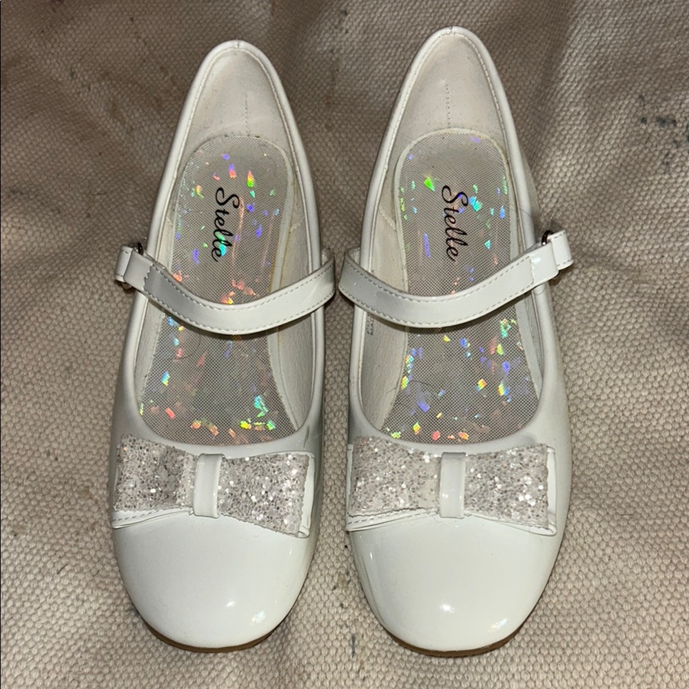 Stelle Dress Mary Jane Shoes with Glitter Bow and Velcro Strap sz 2 Girls EUC